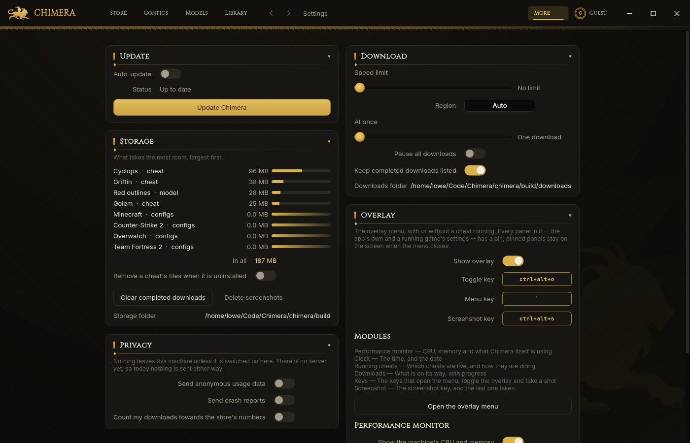 The privacy and update settings in the launcher
